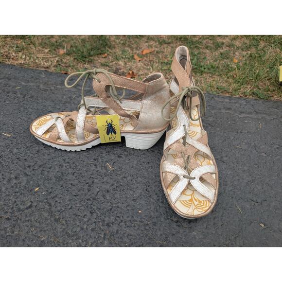 Fly London Women's Metallic Gladiator Heeled Sandals Sz 39 US 8-8.5 Pearl Luna - Picture 5 of 8